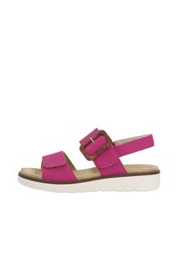 Pinke Sandalen mit einem doppelten Riemendesign, ausgestattet mit einer strukturierten braunen Schnalle, gepolstertem Fußbett und einer weißen Gummisohle mit flexiblem Profil.