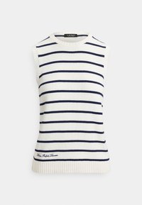 Ujjatlan pulóver krémszínben, tengerészkék vízszintes csíkokkal. Bordázott nyakkivágással és szegéllyel rendelkezik, az alján hímzett márkajelzéssel.