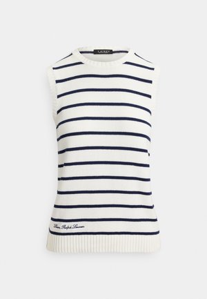 Sveter bez rukávov v krémovej farbe s námorníckymi horizontálnymi pruhmi. Má žebrovaný výstrih a lem, so vyšívaným logom v spodnej časti.