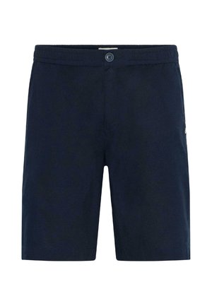 Marineblaue Shorts im entspannten Schnitt, aus glattem Stoff gefertigt, mit Knopfverschluss und elastischem Bund. Schlichtes Design ohne sichtbare Muster.