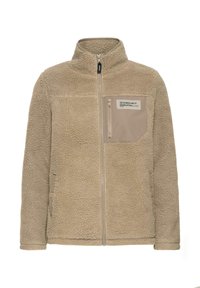 Veste en polaire beige avec col montant, fermeture éclair sur le devant, deux poches latérales avec boutons et poche poitrine zippée avec l'étiquette "Conçue avec Dévouement."