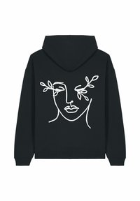 Felpa nera con cappuccio a stringa, caratterizzata da una grafica di linee bianche che rappresenta un volto e foglie sul retro. Tessuto morbido.