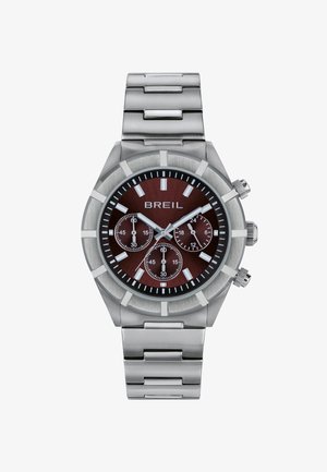 Roestvrijstalen chronograaf horloge met een bordeauxrood wijzerplaat, witte uurmarkeringen en drie subdialen. Voorzien van een geborstelde en gepolijste armband.