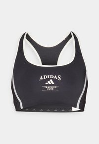 Černá sportovní podprsenka s bílými akcenty, s logem "Adidas Training Club" a závodním střihem, vyrobená z hladkého, elastického materiálu.