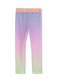 Leggings con colori sfumati dal viola al rosa al verde chiaro, con una fascia larga rosa con la scritta gialla "Billieblush".