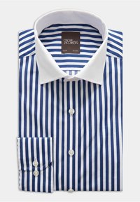 Slim-fit košile v bílých a námořnických pruzích, s bílým límcem, zapínáním na knoflíky a jedním manžetovým knoflíkem odpovídající barvy.