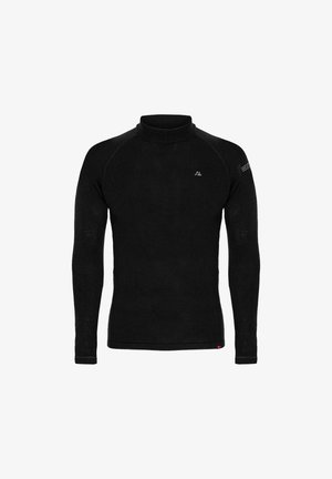 Schwarzes, langärmeliges Thermoshirt mit hohem Kragen. Verfügt über Raglanärmel und ein kleines Logo auf der linken Schulter. Glatte Textur.