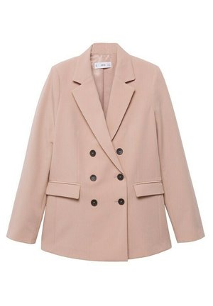 Blazer croisé en tissu rose doux, doté de revers crantés, de deux poches avant et de boutons noirs. Coupe structurée avec des manches longues.