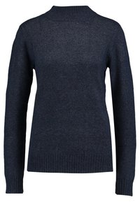 Mörk marinblå pullovertröja i texturerad stickad kvalitet, med hög krage och ribbade ärmslut och nederkant.