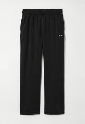 Czarne casualowe spodnie z elastycznym pasem i małym białym logo ellesse na górnej lewej udzie, pokazane na płasko na białym tle.