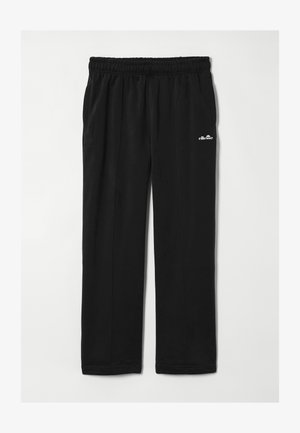 Czarne casualowe spodnie z elastycznym pasem i małym białym logo ellesse na górnej lewej udzie, pokazane na płasko na białym tle.