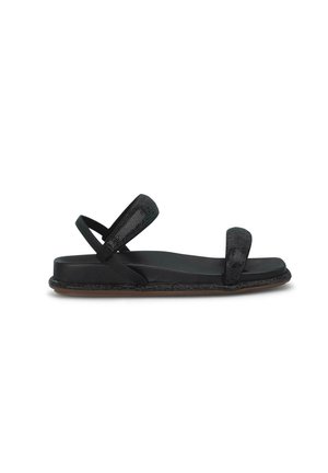 Sandali neri con suola piatta, caratterizzati da cinturini testurizzati e un cinturino posteriore per il supporto. Realizzati in materiali sintetici con un design minimale.