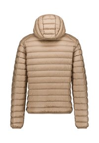 Chaqueta acolchada ligera de color beige con costuras horizontales y capucha incorporada, vista desde atrás.