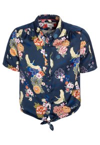 Kortærmet, marineblå skjorte med blomster- og kranemotiver. Lavet af glat stof med en knyttet kant og knaplukning.