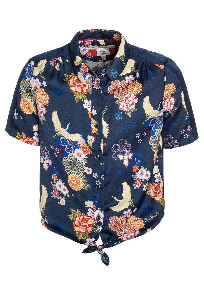 Kortærmet, marineblå skjorte med blomster- og kranemotiver. Lavet af glat stof med en knyttet kant og knaplukning.