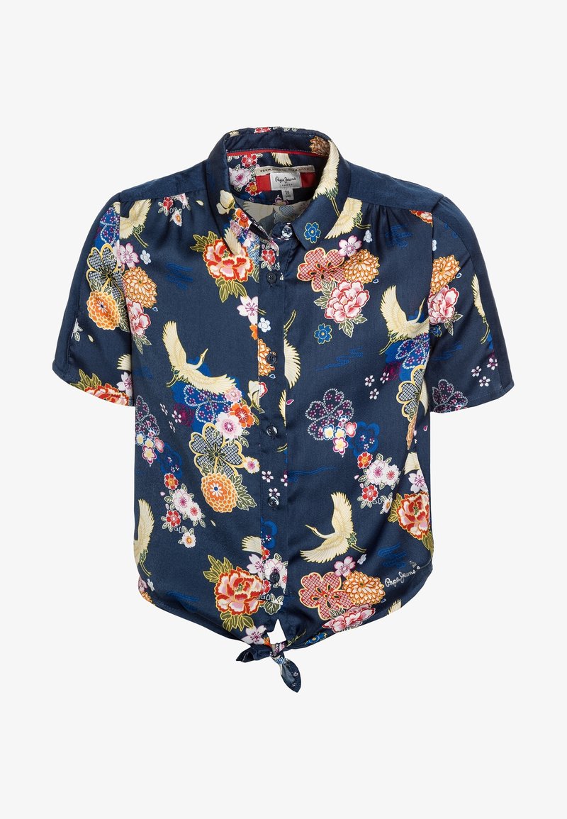 Kortærmet, marineblå skjorte med blomster- og kranemotiver. Lavet af glat stof med en knyttet kant og knaplukning.