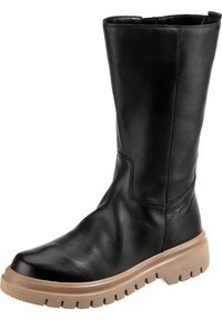 Schwarze Lederstiefel bis zum Knie mit glatter Oberfläche, runder Zehenpartie und einer hellbraunen, klobigen Sohle, die über tiefere Profilmuster verfügt.