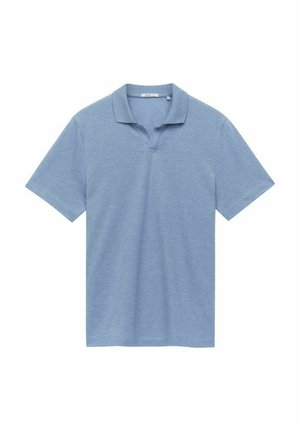Polo shirt in lichtblauw, korte mouwen, van een katoenmix, met een v-halsontwerp met een subtiele textuur, zonder zichtbare patronen of hardware-details.