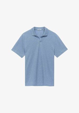 Polo shirt in lichtblauw, korte mouwen, van een katoenmix, met een v-halsontwerp met een subtiele textuur, zonder zichtbare patronen of hardware-details.