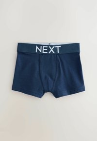 Marineblå boxershorts i mjukt material, med en bred elastisk midjeband märkt "NEXT" i vit text.