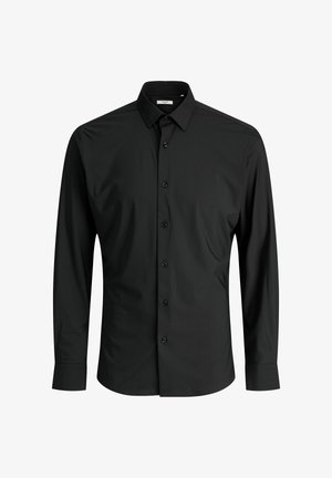 Schwarzes Langarmhemd mit spitzem Kragen, Knopfverschluss und geknöpften Manschetten. Glattes Gewebe mit leichtem Glanz.