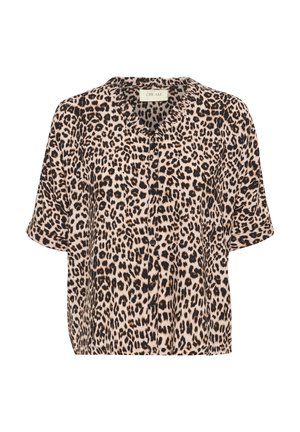 Leopard-print short-sleeve blouse in lightweight fabric, featuring a round collar, button front, and a relaxed fit. Dominant colors: beige and black.