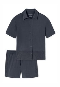 Mörkgrå set med kortärmad skjorta och shorts, tillverkat av ekologisk bomull, med en broderad blommönster vid fållen.