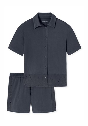 Dunkelgraues Kurzarmshirt und Shorts-Set aus Bio-Baumwolle, mit einer gestickten Blumendesign am Saum.