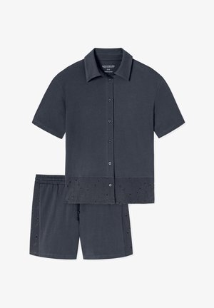 Dunkelgraues Kurzarmshirt und Shorts-Set aus Bio-Baumwolle, mit einer gestickten Blumendesign am Saum.