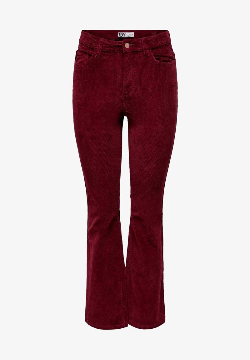 Pantalons en velours côtelé bordeaux avec une légère dégaine, bouton et fermeture éclair à l'avant, passants de ceinture et poches avant.