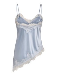 Robe nuisette en satin bleu clair avec bordure en dentelle blanche le long de l'encolure et ourlet asymétrique, avec fines bretelles réglables.