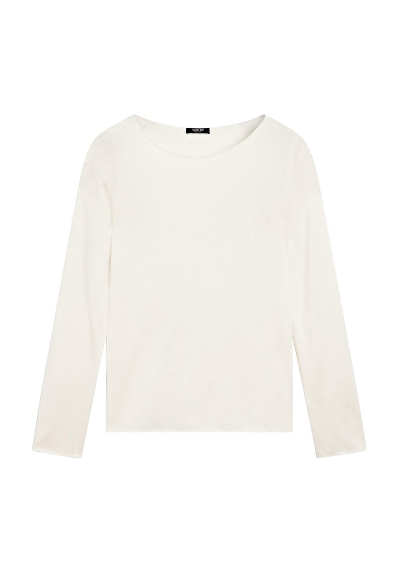 Pitkähihainen pyöreäkauluksinen paita pehmeästä, luonnonvalkoisesta kankaasta. Siinä on rento istuvuus ja sileä pinta ilman näkyviä kuvioita tai koristeita.