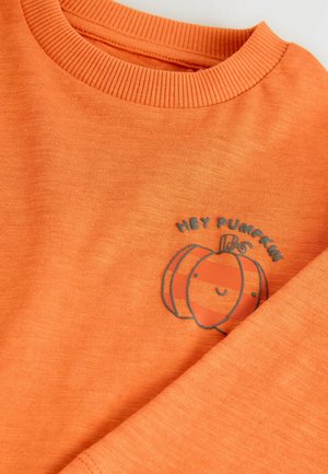 Orange sweatshirt med ribbad rund halsringning och ett tryckt mönster av pumpor med texten "HEJ PUMPEN". Slät textur.