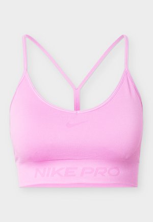 Reggiseno sportivo Nike Pro rosa chiaro con spalline sottili che formano una schiena a Y e una fascia elastica larga nella parte inferiore.