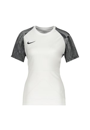 Nike dames sportshirt, witte basis, korte mouwen met zwart-wit gestreept ontwerp, ronde hals, slim fit stijl, lichtgewicht stof.