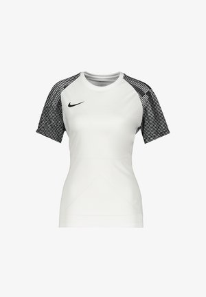 Maglietta sportiva da donna Nike, corpo bianco, maniche corte con design a righe bianche e nere, scollatura a girocollo, stile aderente, tessuto leggero.