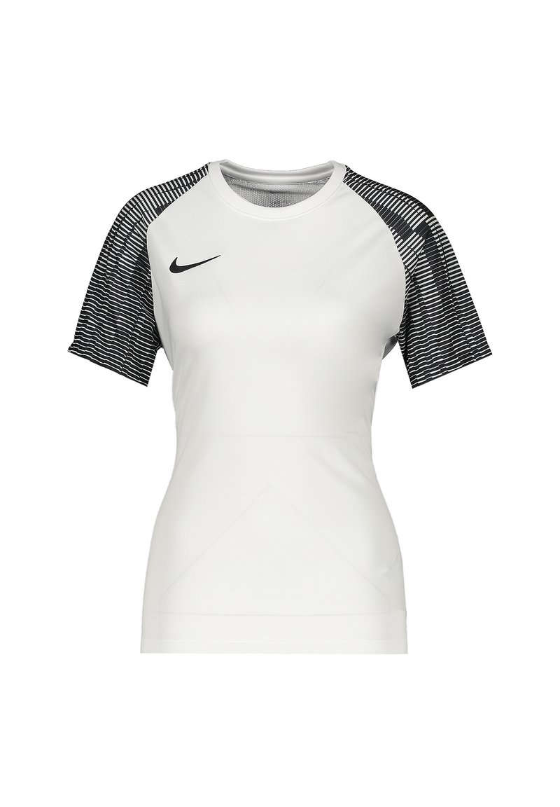 Maglietta sportiva da donna Nike, corpo bianco, maniche corte con design a righe bianche e nere, scollatura a girocollo, stile aderente, tessuto leggero.
