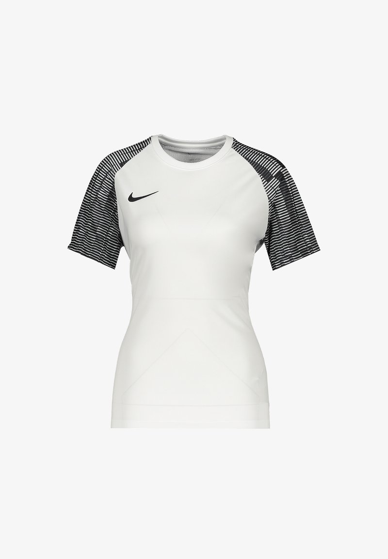 Maglietta sportiva da donna Nike, corpo bianco, maniche corte con design a righe bianche e nere, scollatura a girocollo, stile aderente, tessuto leggero.