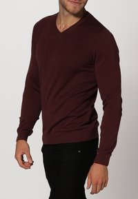 Bordeauxrode V-hals trui met een aansluitend ontwerp, gemaakt van zachte stof met geribbelde manchetten en zoom. Lange mouwen en een subtiel logo bij de zoom.