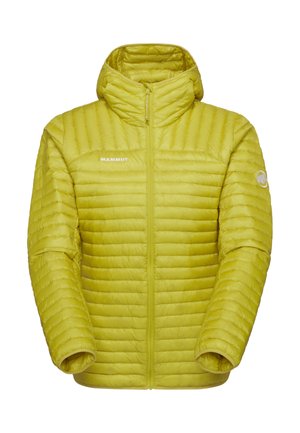 Lichtgroene gewatteerde jas met capuchon, volledige ritssluiting aan de voorkant en Mammut-logo op de borst en mouw.