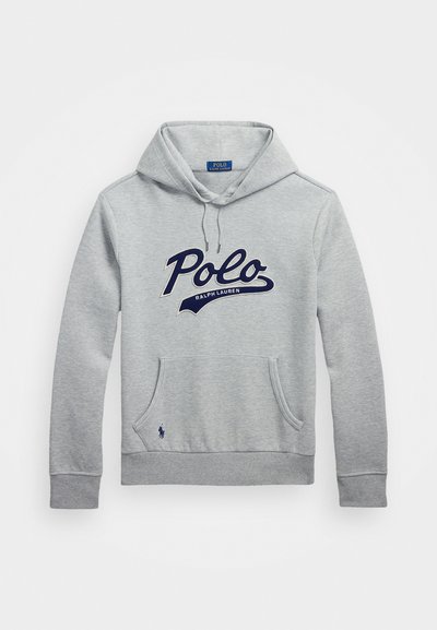 Felpa grigia realizzata in tessuto misto cotone, con tasca a marsupio frontale, logo blu navy "Polo Ralph Lauren" e cappuccio regolabile con cordino.