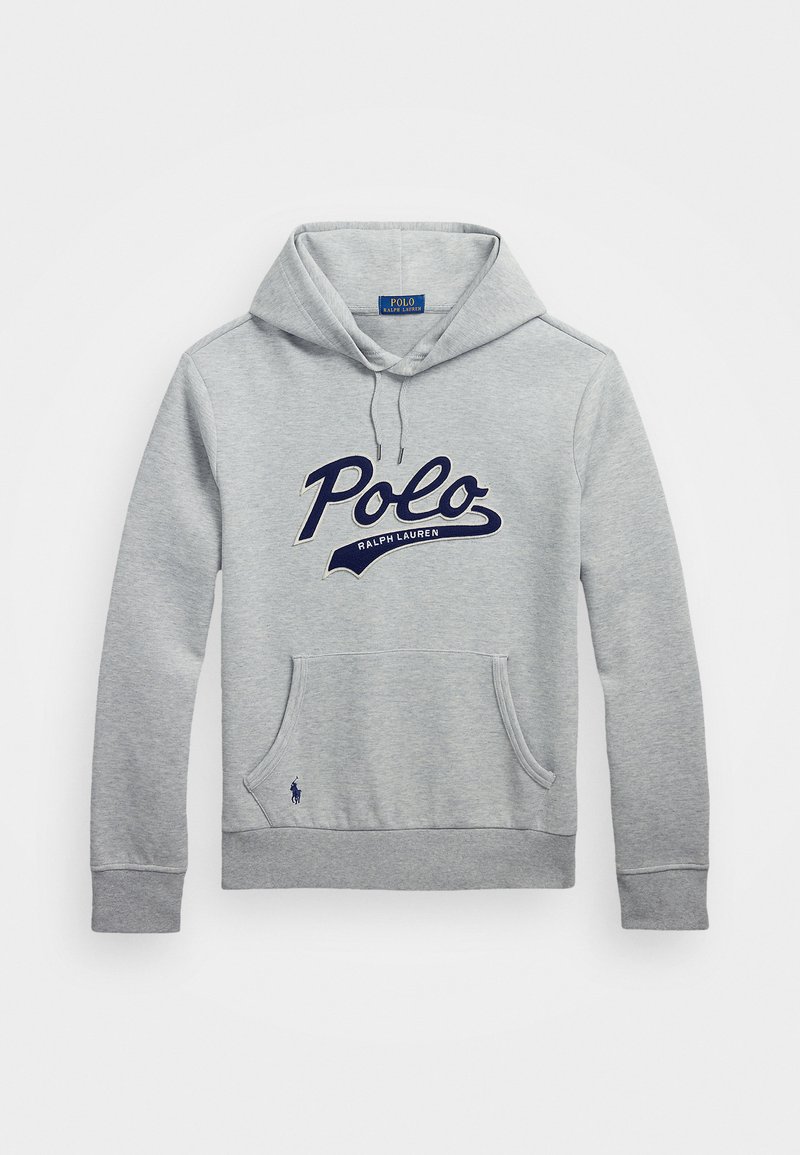 Gray hoodie made of cotton blend fabric, featuring a front kangaroo pocket, navy "Polo Ralph Lauren" logo, and adjustable drawstring hood.