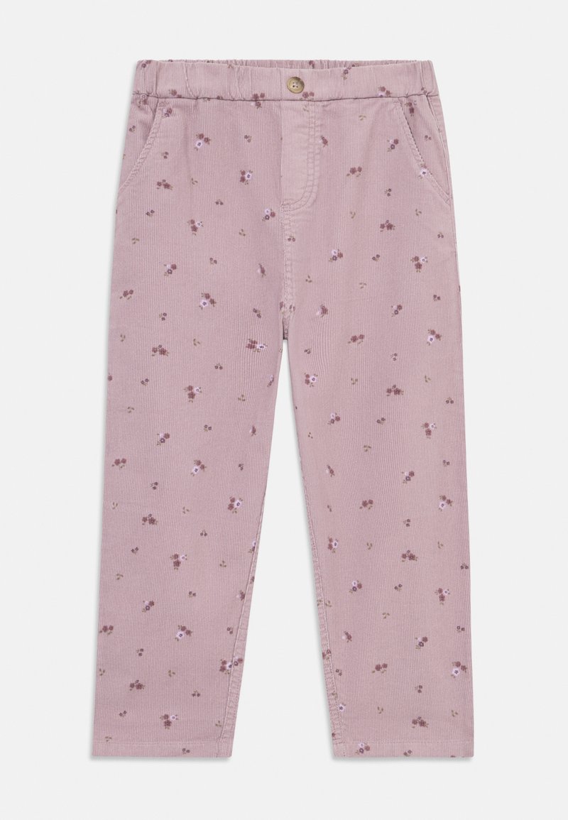 Pantalons en velours côtelé rose avec de petits motifs floraux, une taille élastique et une fermeture par bouton. Deux poches avant visibles.