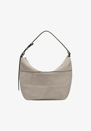 Szara zamszowa torba na ramię o zakrzywionym kształcie i czarnym skórzanym pasku. Posiada diagonalne przeszycia i zamek błyskawiczny. Gładka powierzchnia.