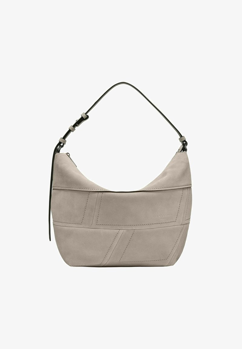 Graue Wildleder-Schultertasche mit geschwungener Form und schwarzem Ledertrageriemen. Verfügt über diagonale Nähte und einen Reißverschluss. Glatte Textur.