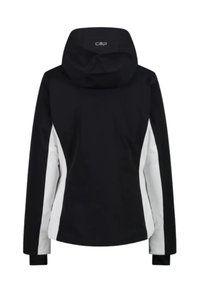 Giacca con cappuccio nera con pannelli laterali bianchi, realizzata in materiale liscio e resistente all'acqua. Presenta un logo sul retro e maniche lunghe.