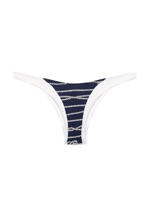 Parte inferior de bikini con un diseño de rayas azul marino y blancas. Fabricada con un tejido elástico y con un acabado texturizado, ofrece una cobertura mínima.
