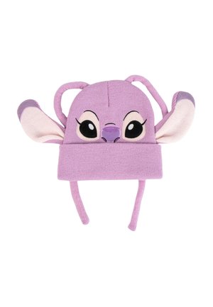 Lila gestrickte Mütze mit Cartoon-Gesicht, großen Augen und passenden Ohren. Mit Ohrenschutz und Bändern für sicheren Halt. Weicher Stoff, verspieltes Design.