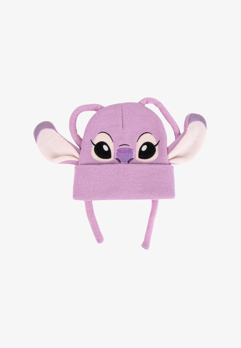 Bonnet tricoté violet avec un visage de dessin animé, de grands yeux et des oreilles assorties. Il dispose de rabats d'oreilles et de liens pour un maintien sécurisé. Texture douce, design ludique.