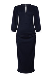 Marineblaues Midikleid mit langen Puffärmeln, tailliertem Schnitt und kleinem Schlüssel-Ausschnitt vorne.